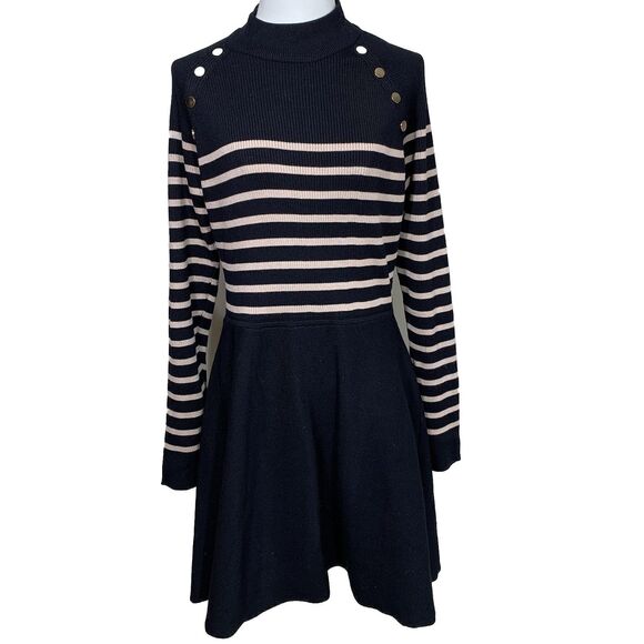 BCX Black Striped Knit Sweater Dress Size XL Long Sleeve Fit & Flare Button Deta - Picture 1 of 8